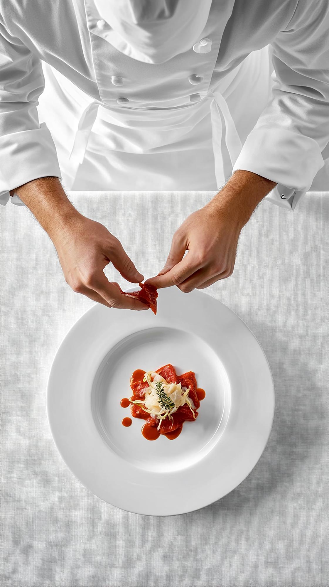 Chef plating a minimalist gourmet dish